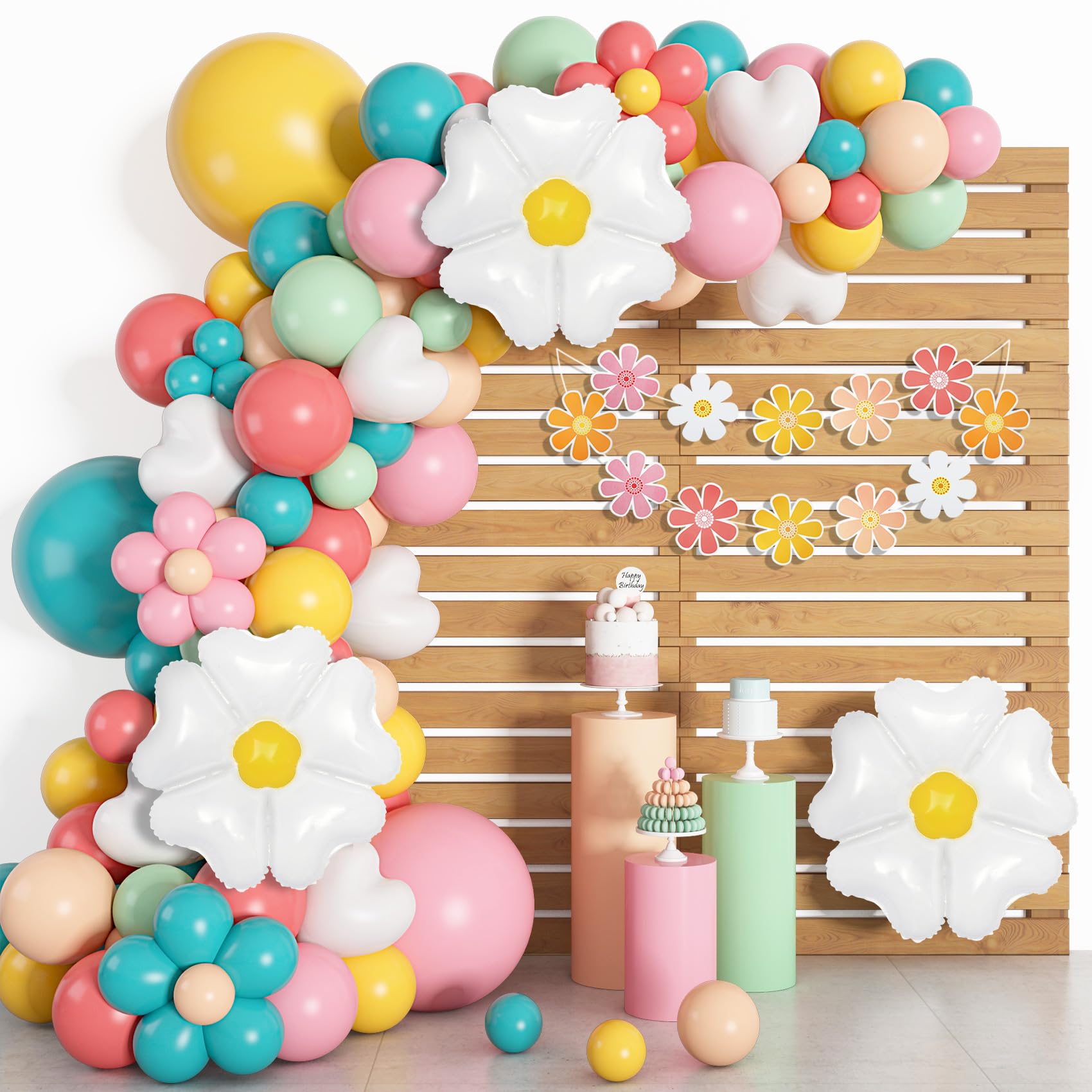 Photo 1 of 161pc Daisy Balloon Garland Arch Kit, Pastel Groovy Flower Party Decorations with Pink Yellow Orange Blue Green Daisy Banners for Baby Shower Retro Hippie Two Groovy Boho Birthday Party Decor