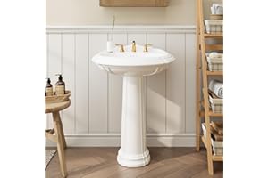 ELITEEDGE 26" W X 20" D Bathroom Pedestal Sink,Vintage White Ceramic Vanity Sink with Overflow and 3 Pre-Drilled Holes - Fits 8-Inch Faucets,Freestanding Restroom Sink Combo for Small Spaces