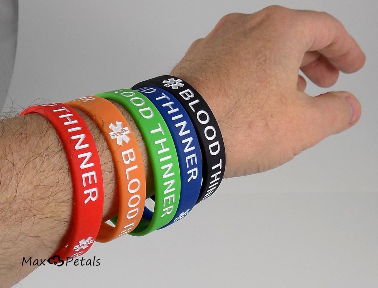 Max Petals 5 Pack - Blood THINNER Silicone Bracelet Wristbands, Orange,Blue,Green,Red,Black, 8 inch - Image 3
