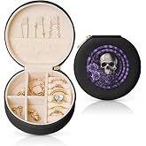 Hayyett Dark Gothic Purple Rose Skull Jewelry Case Organizer, Pu Leather Storage Holder For Rings Earrings For Women