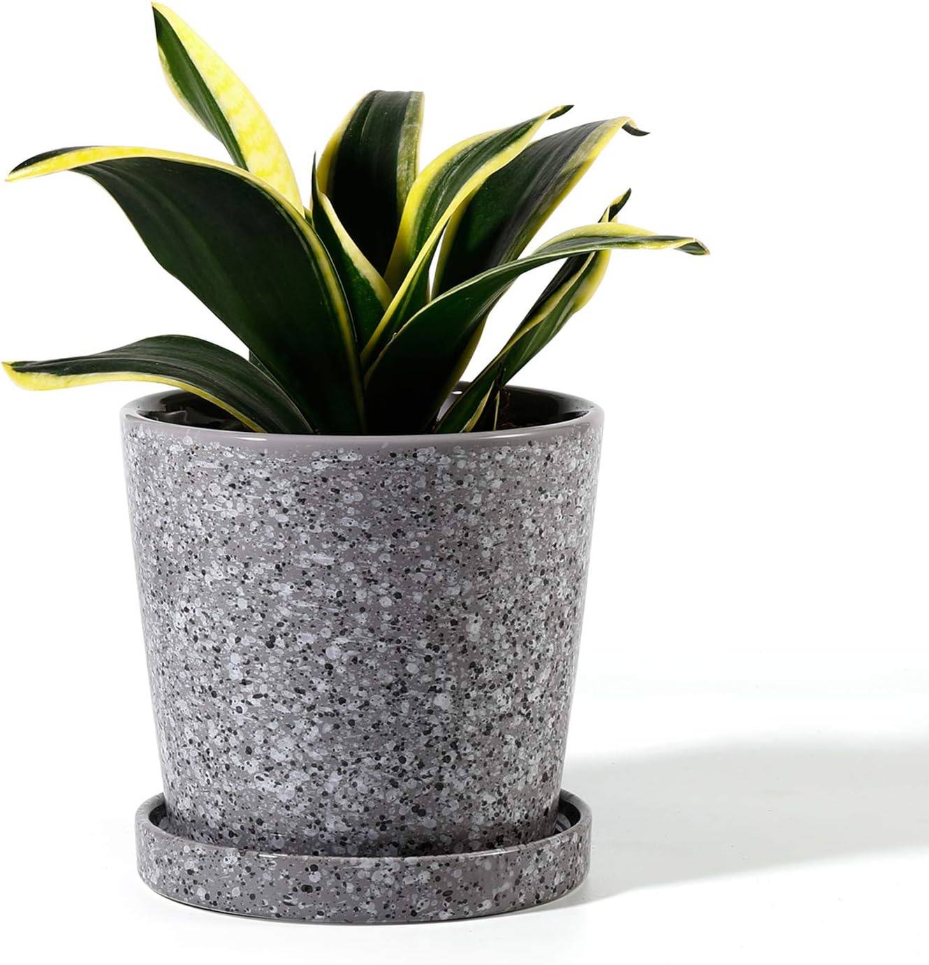 POTEY Ceramic Plant Pot Connected Saucer - 4.8 Inch Medium Indoor Flower Planter Container Garden Glazed with Drainage Decor Offic - Gray