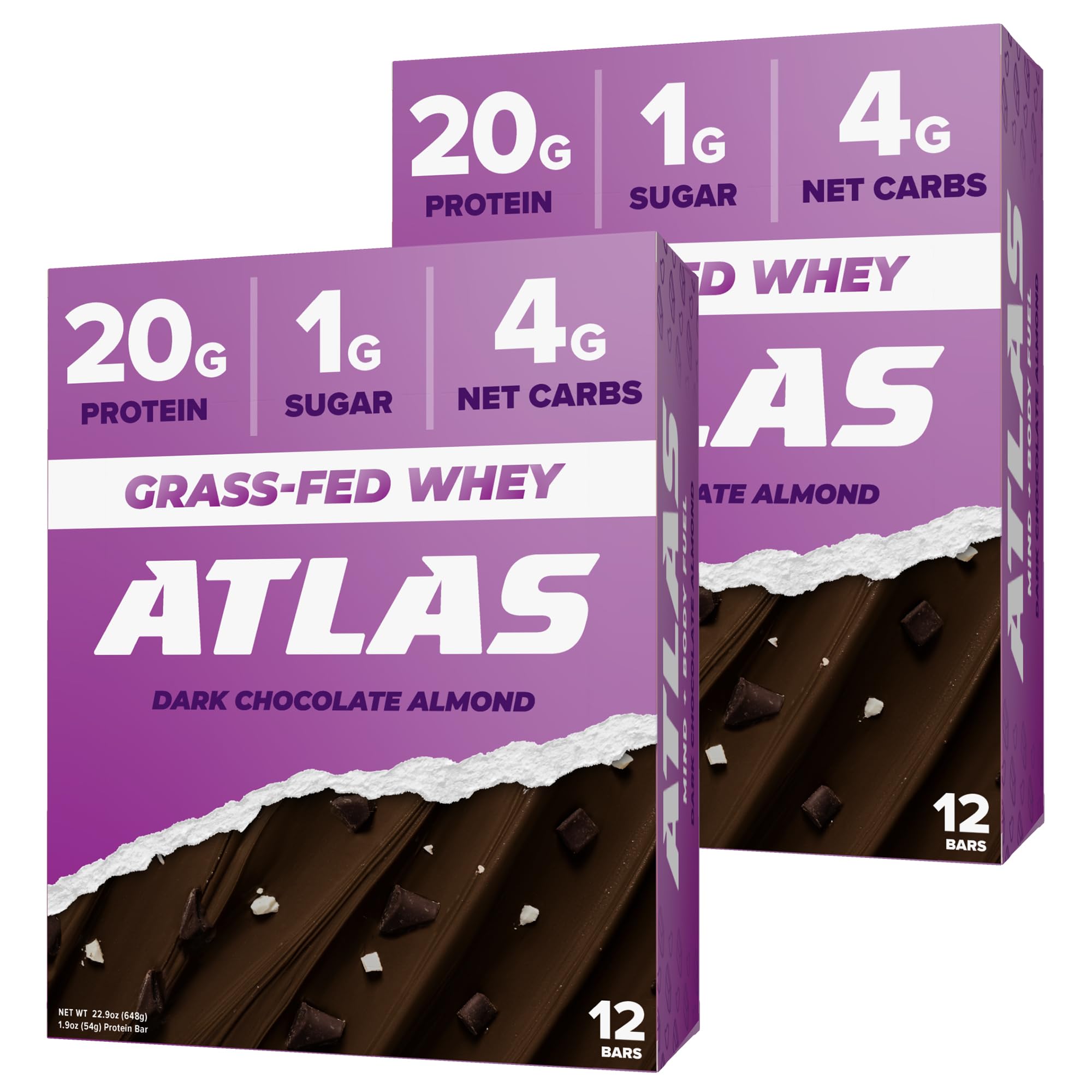 Atlas Protein Bar, 20g Protein, 1g Sugar, Clean Ingredients, Gluten Free (Dark Chocolate Almond, 12 Count (Pack of 2))