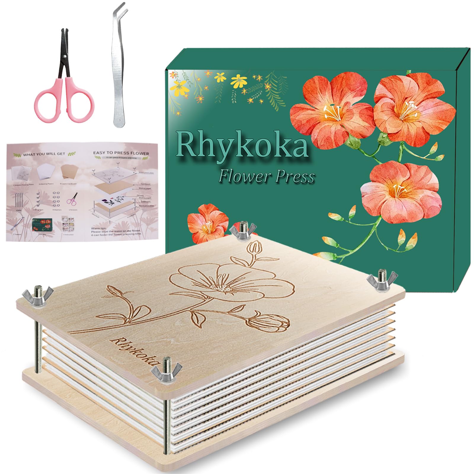 Rhykoka Professional Flower Press, 8 Layers 6.3x8.3 inch (16x21cm) Flower Press Kit Wooden Leaf Pressing Kit for Kids Adults with Clear Instruction, Nice Gift for DIY Dried Flowers Lovers (Wooden)