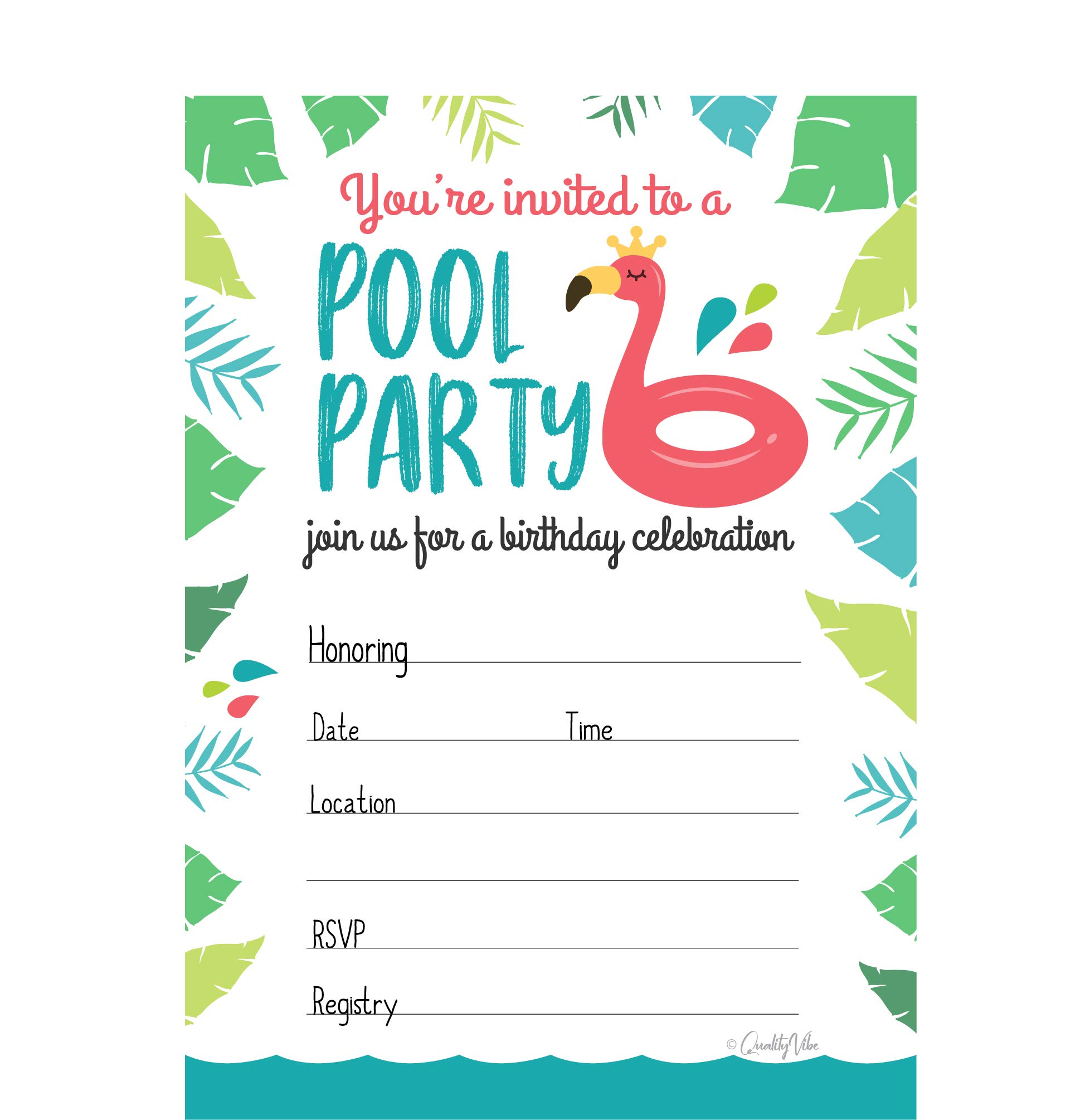 Buy 25 Pool Party Birthday invitations with 25 white envelopes. This
