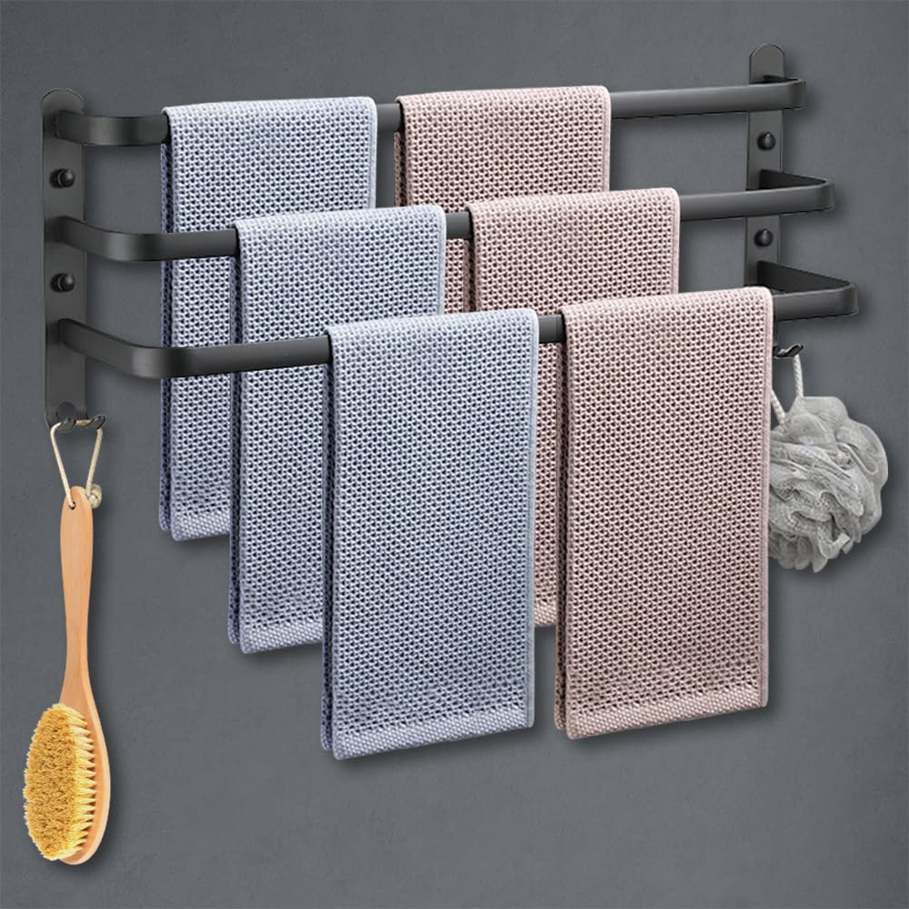 HONPHIER Towel Rails Wall Mounted 3 Tier Towel Rack With Hooks Space Aluminum Towel Rack Bathroom Towel Holder No Fading Towel Shelves For Kitchen Bathroom Toilet Hotel Office (Black, 60CM)