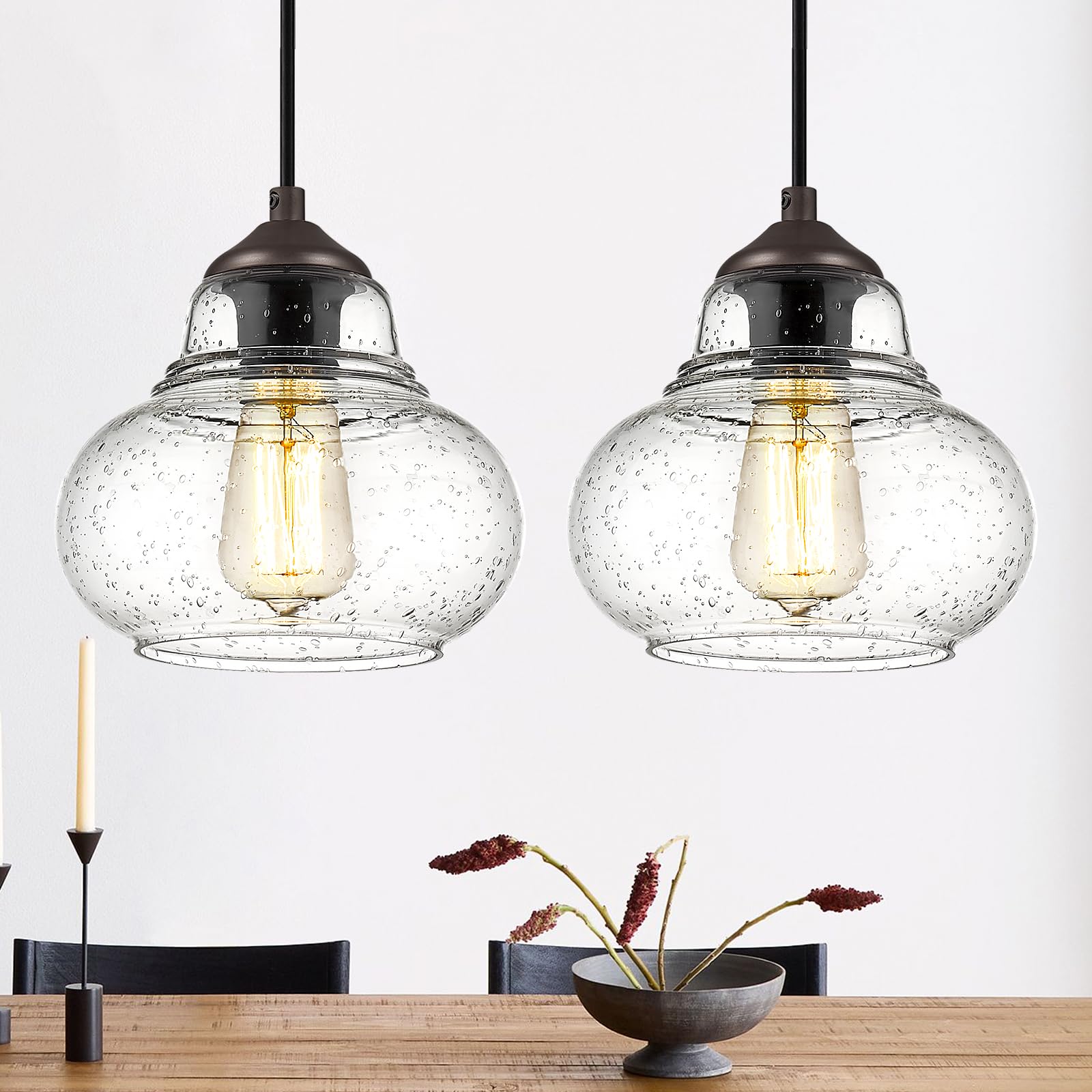 Photo 1 of ELYONA 2 Pack Bubble Glass Pendant Lights, 8 Inch Vintage Hanging Lamp Seeded Glass Industrial Pendant Light Fixtures for Kitchen Island, Farmhouse, Bar, Bathroom, Dining Room, Oil Rubbed Bronze