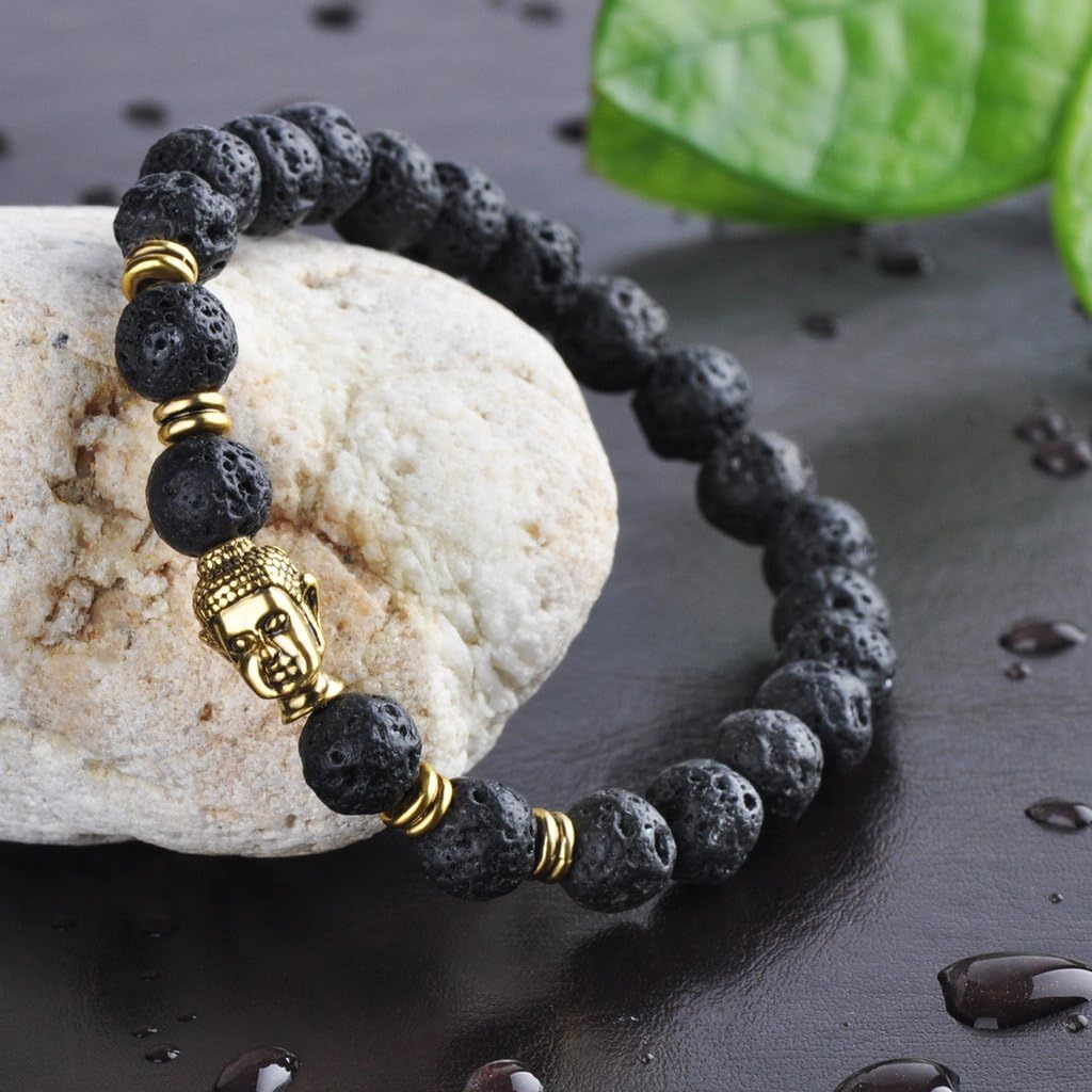 Infinite U Alloy Lava Stone Stretch Bracelet for Men Women 9mm Buddha Beads Great for Yoga Meditation Black 18cm, Stone Metal - Image 3