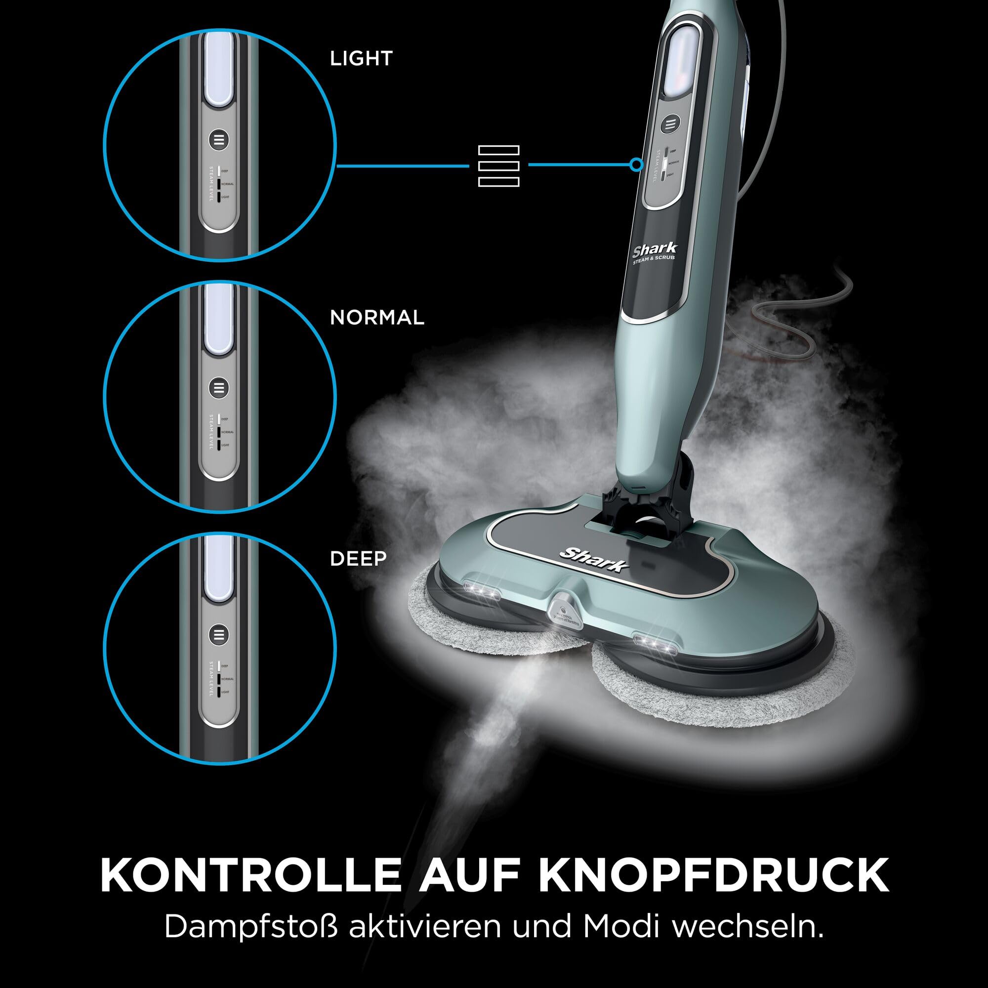 Shark Dampfreiniger Mop, automatisch, mit Steam Blaster, 6 Schmutzfänger-Pads, 3 Dampfstufen, bei Flecken und Schmutz, hygienische Reinigung für versiegelte Hartböden, 8m Kabel, Salbei-Grün, S8201EUCP 6