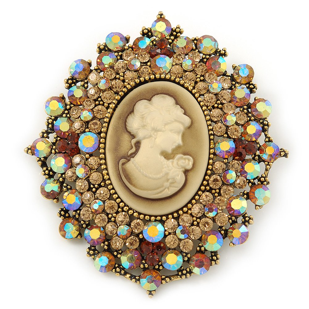 Oversized Crystal Tan Coloured Cameo Brooch/Pendant In Gold Tone - 85mm L