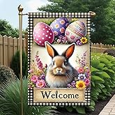 Tomhong Easter Bunny Welcome Garden Flag 12x18 Inch Double Sided Outdoor Yard Banner Spring Flowers and Colorful Eggs Decor for Porch Patio Lawn Garden
