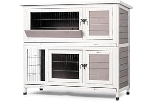 HABAU Outdoor Indoor Rabbit Hutch Bunny Cage, Guinea Pig Cages with No-Leak Tray, 2 Story Wooden Pet House