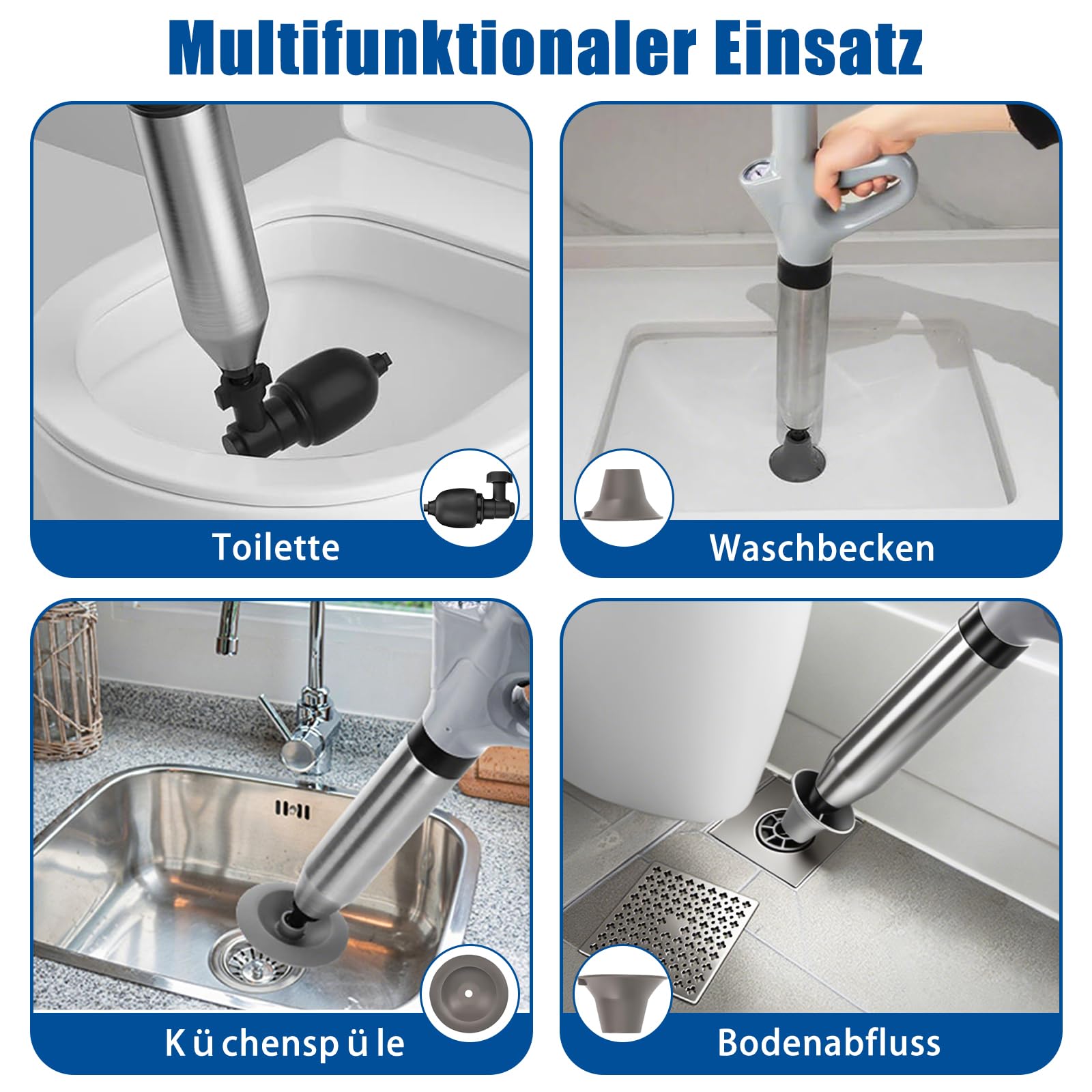 Rohrreiniger, Abflussreinigungspumpe mit Luftkompression und Luftdruckanzeige, Druckluft-Rohrreiniger mit 4 Saugnäpfen für Waschbecken, Toiletten, Bäder, Duschen und Küchen (grau) 6