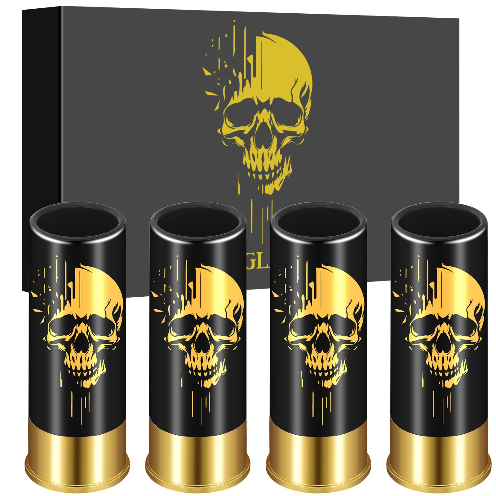 Skull Plastic Shot Glasses - Set of 4 with Gift Box, Gothic & Novelty Shot Glasses for Men, Women, Wedding & Party Gifts - 12GA Small Bullet Shot Cups for Whiskey, Vodka, Liquor - Black