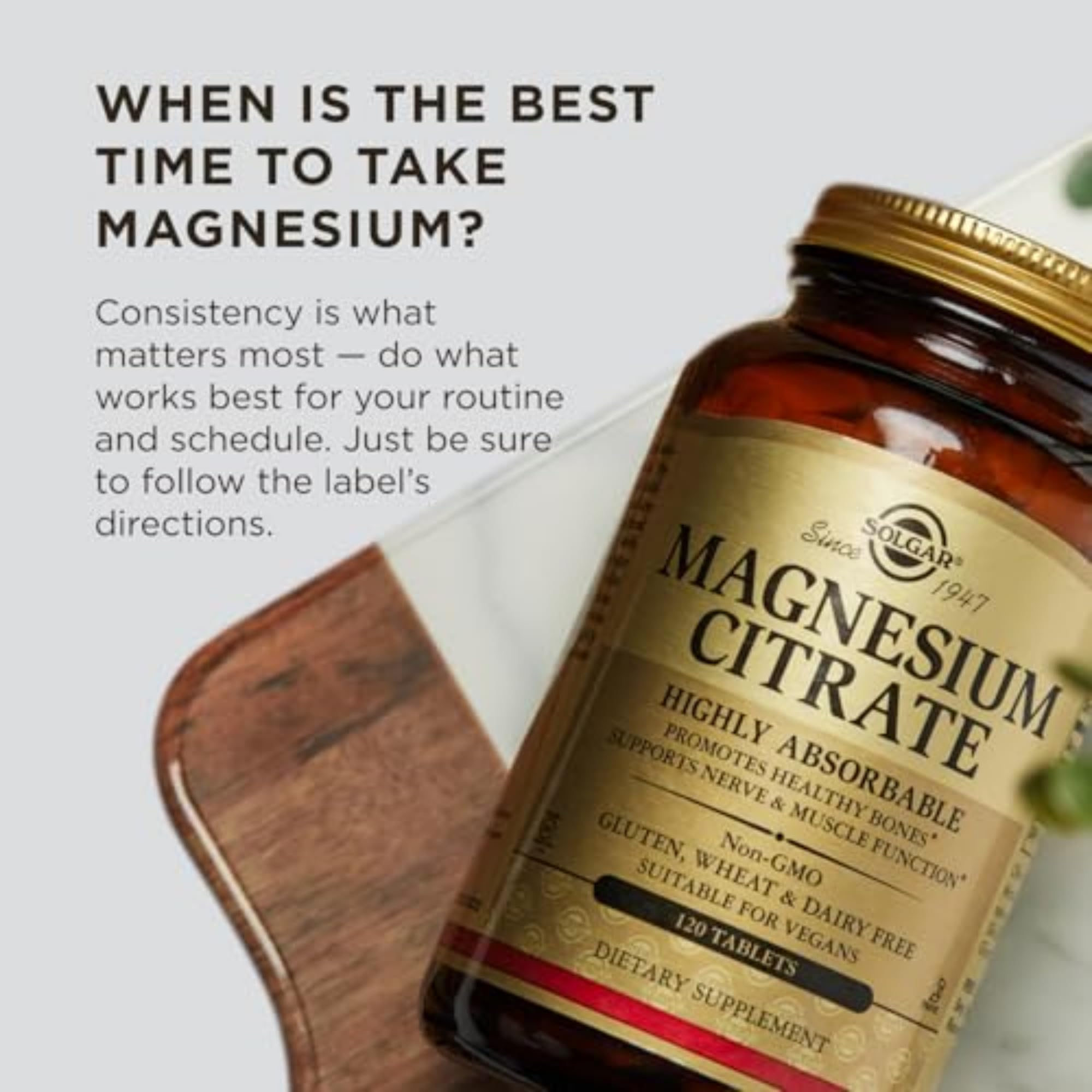 Solgar Magnesium Citrate, 120 Tablets - Promotes Healthy Bones - Supports Nerve & Muscle Function - Non GMO, Vegan, Gluten Free, Dairy Free, Kosher - 60 Servings, Standard Packaging