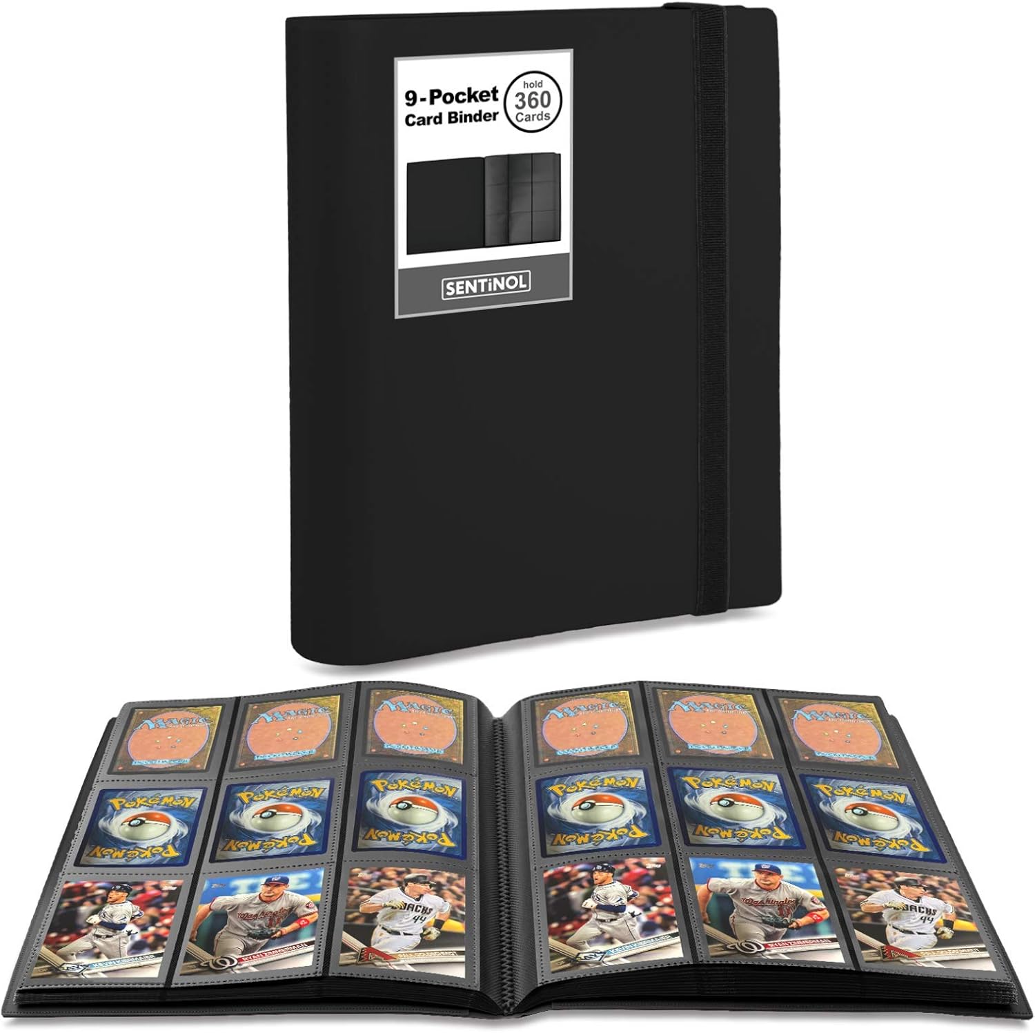 Sentinol Card Binder 9 Pocket - Sports Card Binder Hold 360 Cards in Heavyweight Sleeves, Trading Card Binder for Pokemon, MTG, Baseball Cards, Kpop Photos, Amiibo Cards (Black, 1 Pack): Toys & Games