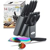 Marco Almond Knife Set with Block, 14 Piece Rainbow Titanium Knife Block Set, KYA25 Cooking Steak Knives set with Black Handle.
