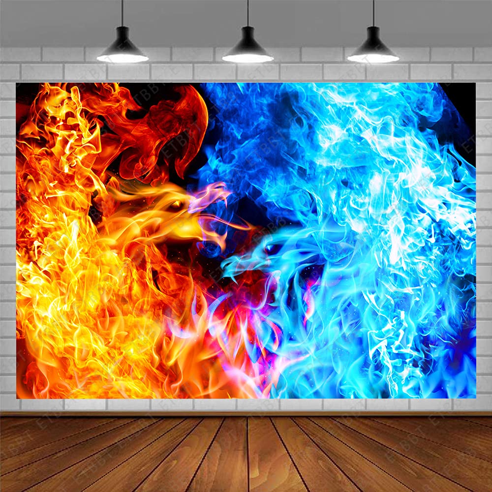 7x5FT Ice and Fire Backdrop Blue Water Red Flame Phoenix Party