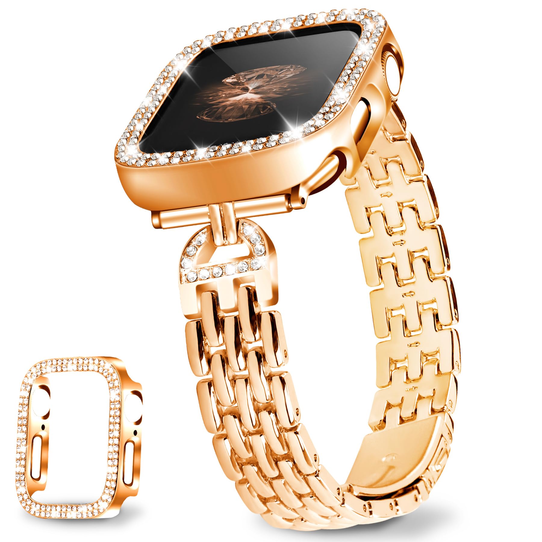 Photo 1 of JR.DM Slim Bracelet with Bling Case Compatible with Apple Watch Bands 44mm + Cover for Women, Dressy D-Shaped Stainless Steel Replacement Strap for iWatch Series 6/5/4/SE Rose Gold