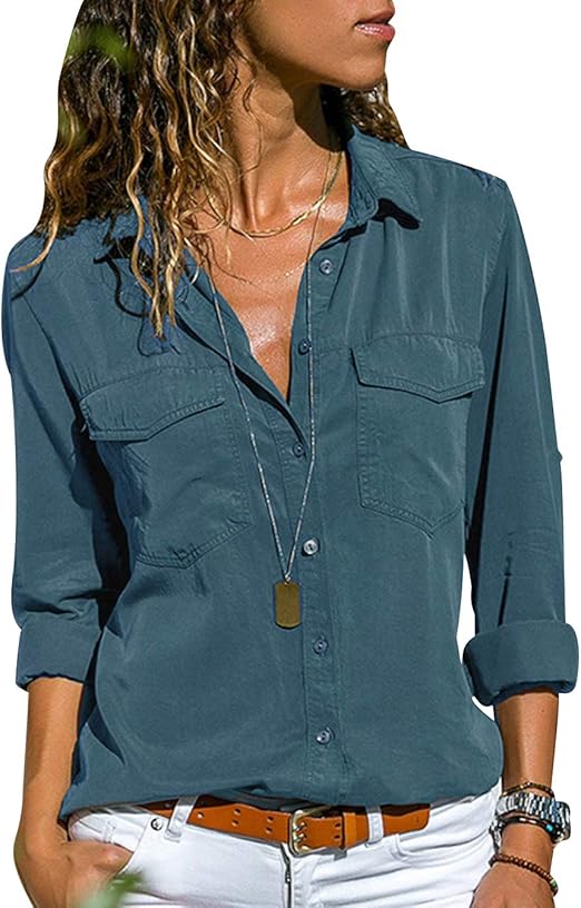 Damen Satin Bluse Business - Elegantes Langarmshirt Mit V-Ausschnitt