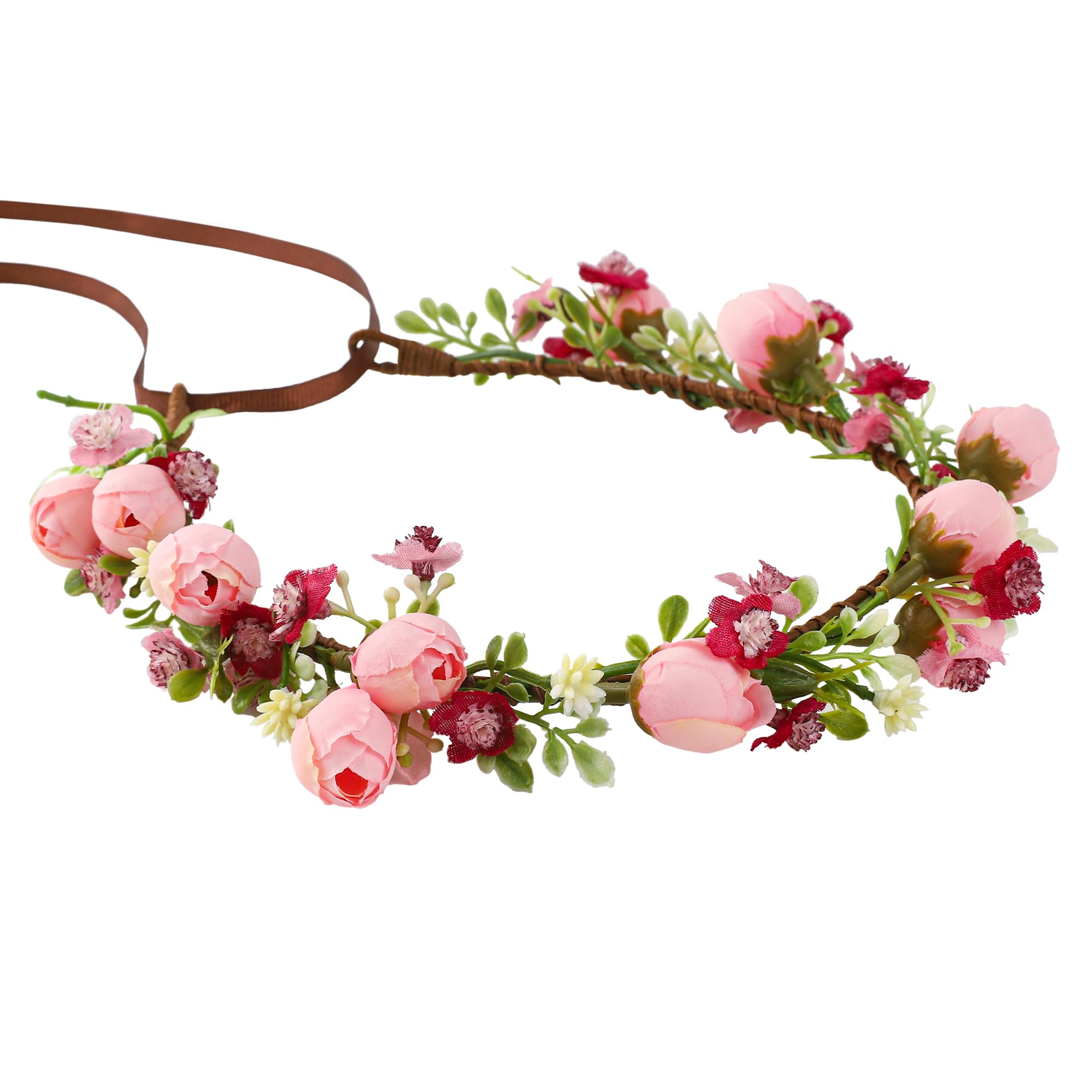 Photo 1 of KorViSHOW Handmade Flower Crown Flower Hair Wreath Women Headband Green Leaf Headpiece Weeding Hair Accessories for Bridal Girls Halo Headdress(Pink Style)