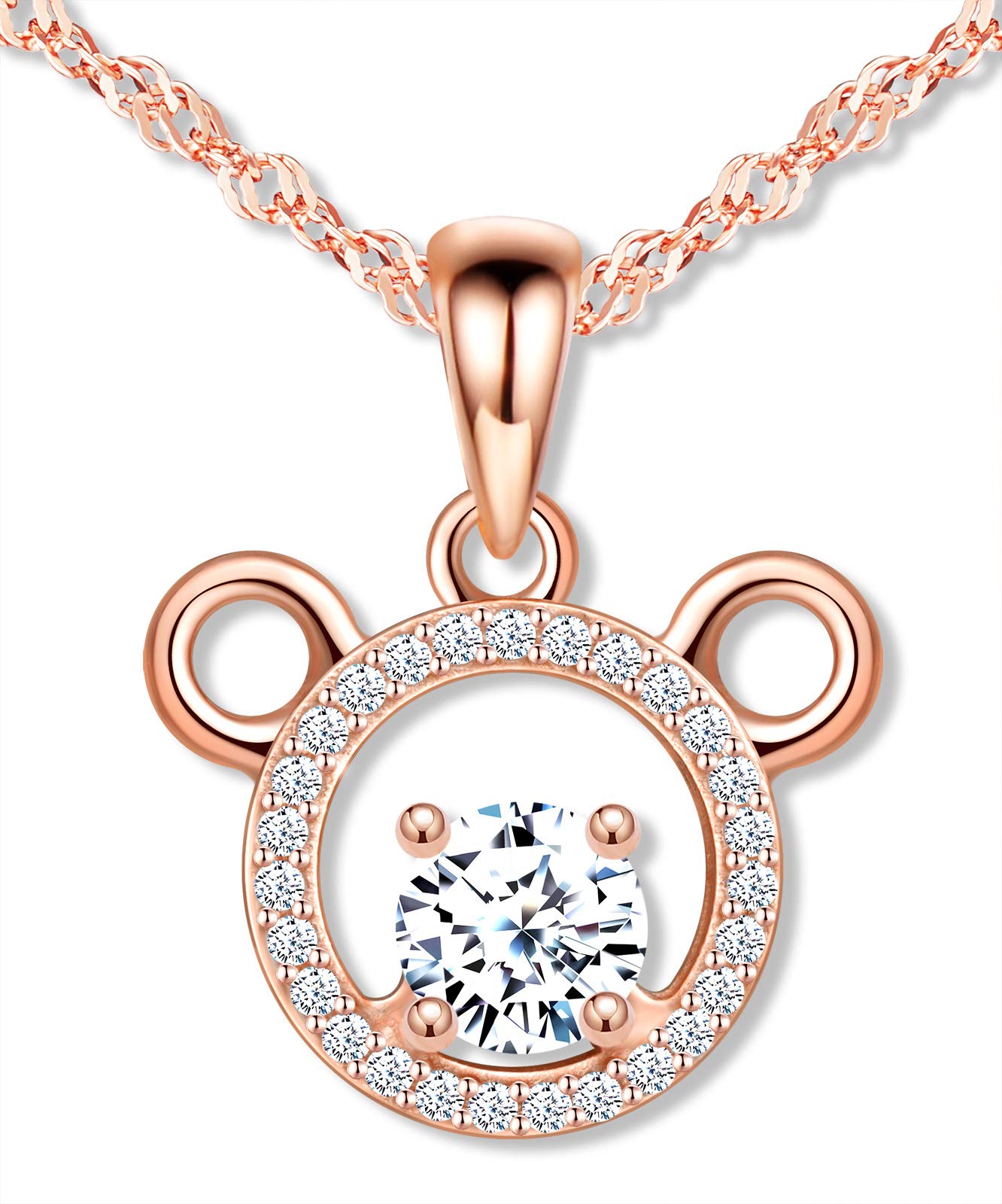 MicLee Women's Girl's Necklace pendant, 925 Sterling Silver necklace, Cute Mickey Diamond necklace, mini shiny pendant, Inlaid zircon, rose gold