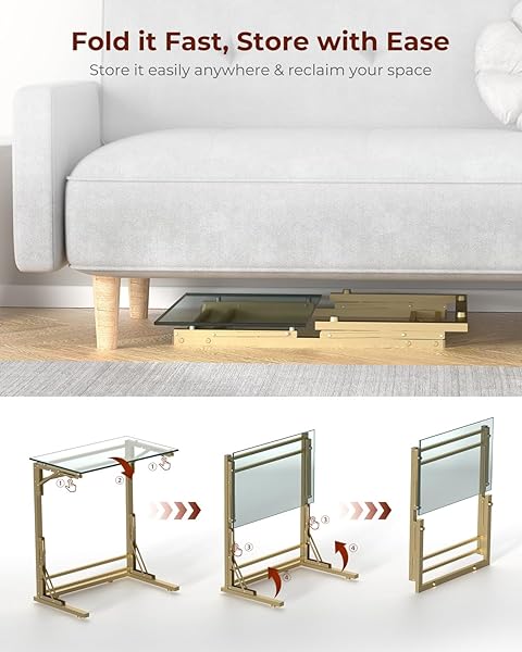 TATUB 24″ FOLDING TV TRAY TABLE SET OF 2, GLASS C SHAPED END TABLE FOR COUCH, SMALL SOFA-SIDE LAPTOP DESK WITH GOLD METAL FRAME FOR LIVING ROOM, BEDROOM, BEDSIDE