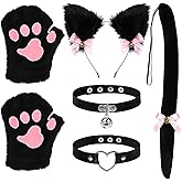 Cat Cosplay Costume Set- Plush Furry Cat Fox Faux Fur Ears Headband with Choker Necklace, Tail and Paws Gloves for Halloween Black