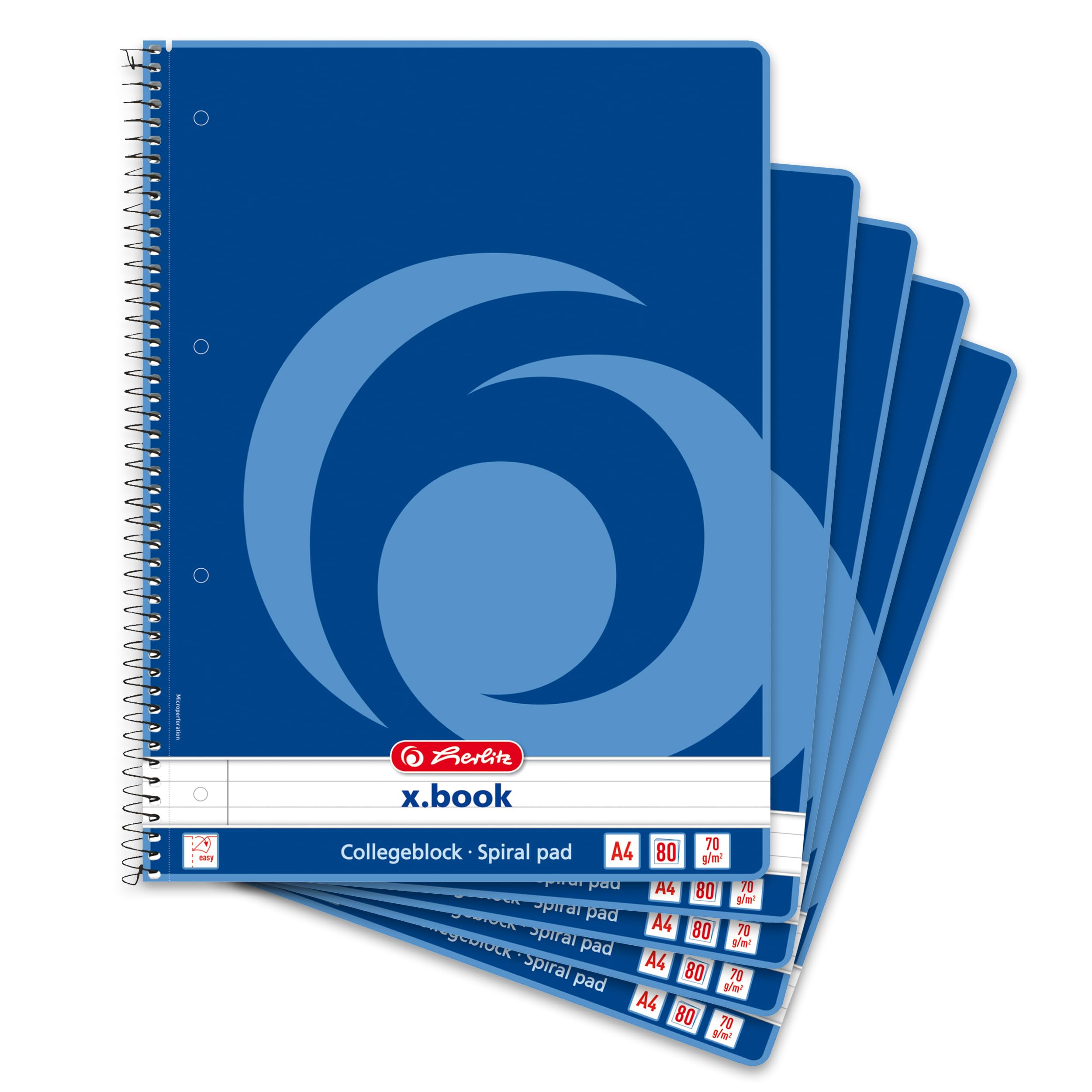 Herlitz A4 Notepad, 80 Sheets, Squared, with Left Margin, 70 GSM, Pack of 5, 10834117 Lined