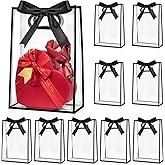Ohuimrt 12 Pack Clear Plastic Gift Bags with Handles, Reusable Party Favor Bags with Ribbon for Birthday, Wedding, Bachelorette Party, 10.2 x 7.1 x 3.1 Inch (Black)