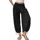 IQSQSQ Women’s Harem Pants with Pockets,Baggy Loose Fit Casual Pants, Elastic Waist Soft Lounge Trousers