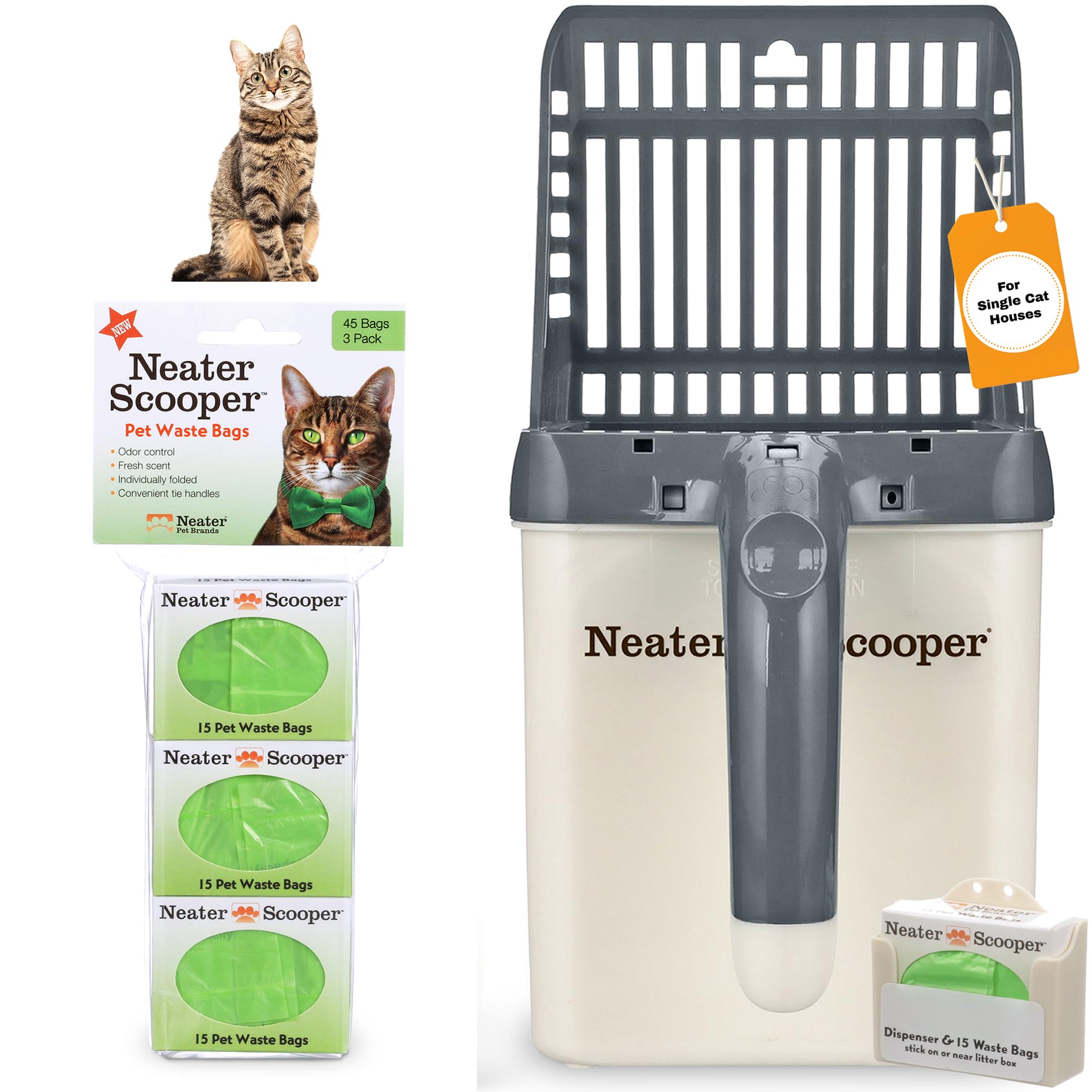 Neater Pet Brands - Neater Scooper Cat Litter Scoop and 60 Count Refill Bag Bundle - Cat Litter Sifter Poop Scoop System with Extra Waste Bags, Grey