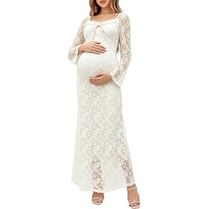 BRATUC Maternity Dress for Baby Shower Lace Maxi Dresses Elegant Square Neck Floral Long Sleeve Bodycon Photoshoot Dress