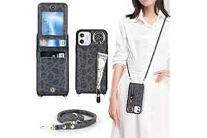 DEYHU iPhone 12 Mini Case with Card Holder for Women, iPhone 12 Mini Phone Case Wallet with Strap Credit Card Slots Crossbody with Kickstand Zipper Case for iPhone12mini - Black Leopard