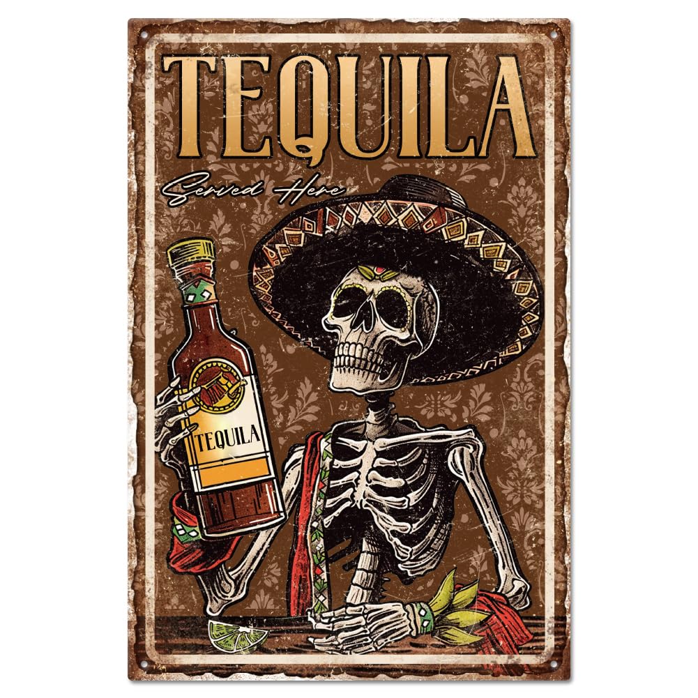GLOBLELAND "Tequila Served Here" Mexican Skeleton Tequila Metal Tin Sign 12x8in/30x20cm Tequila Alcohol Art Plaque Poster Wall Decor for Kitchen Bar Club Restaurant Cafe