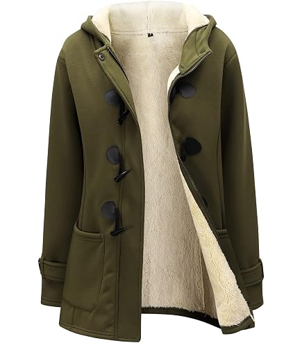 Amazon.com: Flygo Women's Classic Horn Button Duffle Coat Hooded