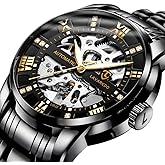 A ALPS Mens Watch Skeleton Luxury Mechanical Stainless Steel Waterproof Black Automatic Self-Winding Roman Numerals Diamond Dial Wrist Watch