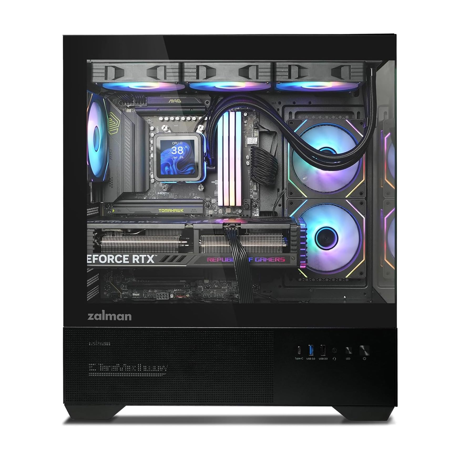 Zalman CHRONIX ATX Mid-Tower PC Case, 3 x Prism ARGB Fans Preinstalled, USB Type-C 3.2, RGB Control Button, 360mm Radiator Support, Panoramic Tempered Glass RGB Gaming PC Case, Black