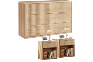 LEYAOYAO 48" Wide Fluted Dresser and 1 Drawers 23" Nightstand Set of 2, Wooden Dresser & Night Stand with Charging Station, 3 Piece Bedroom Furniture Set, Chest of Drawer for Living Room,Natural Wood