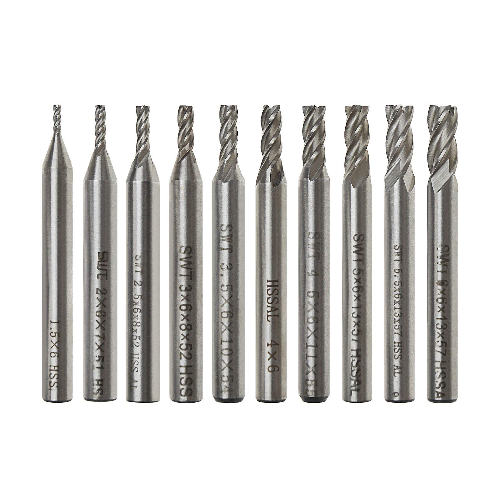 OTOTEC 10Pcs HSS 4-flute Straight Shank End Mill Cutter Kit 1.5//2/2.5/3/3.5/4/4.5/5/5.5/6mm Dia 6mm Handle for Wood Carbon Steel Alloy Steel