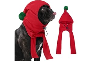 DENTRUN Dog Hood with Scarf - Warm Fleece Ear Cover for Medium Dogs, Adjustable Christmas Outfit with Pom Pom, Red (M:10-13" Head Girth)