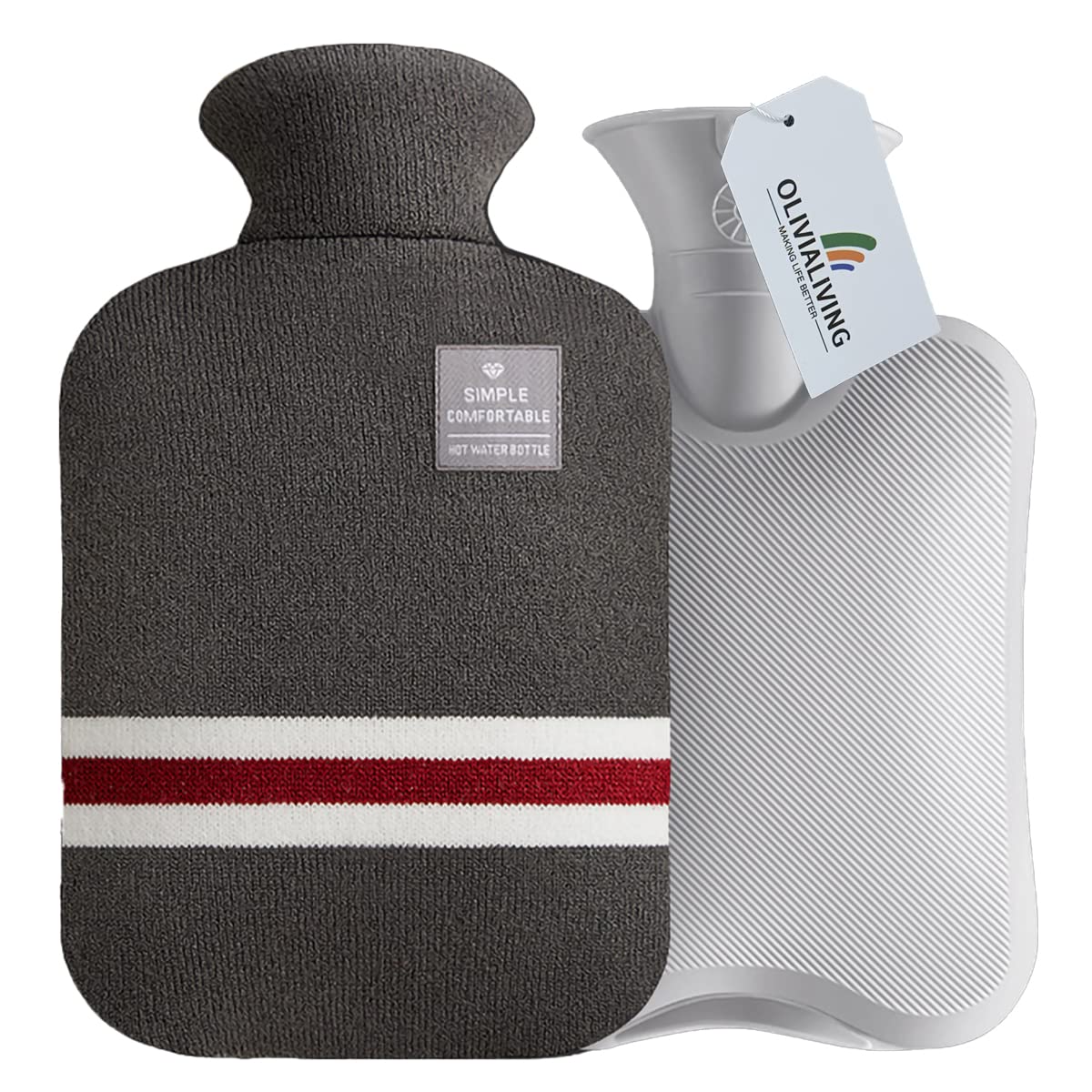 OliviaLiving Hot Water Bag Hot Water Bottle 2 Liter Heat Up and Refreezable Hot Cold Pack with Classic Striped Cover for Pain Relief Hot Cold Therapy