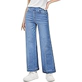 Haloumoning Girls Wide Leg Jeans Kids Elastic Waist Pull On Stretchy Baggy Denim Pants with Pockets 5-14 Years