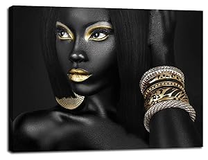 Artbrush Tower African American Black Woman Portrait Picture for Living Room Wall Decor Canvas Art Golden Beauty Model Poster Painting Office Hallway Bedroom Decorations Ready to Hang(20''Wx28''H)