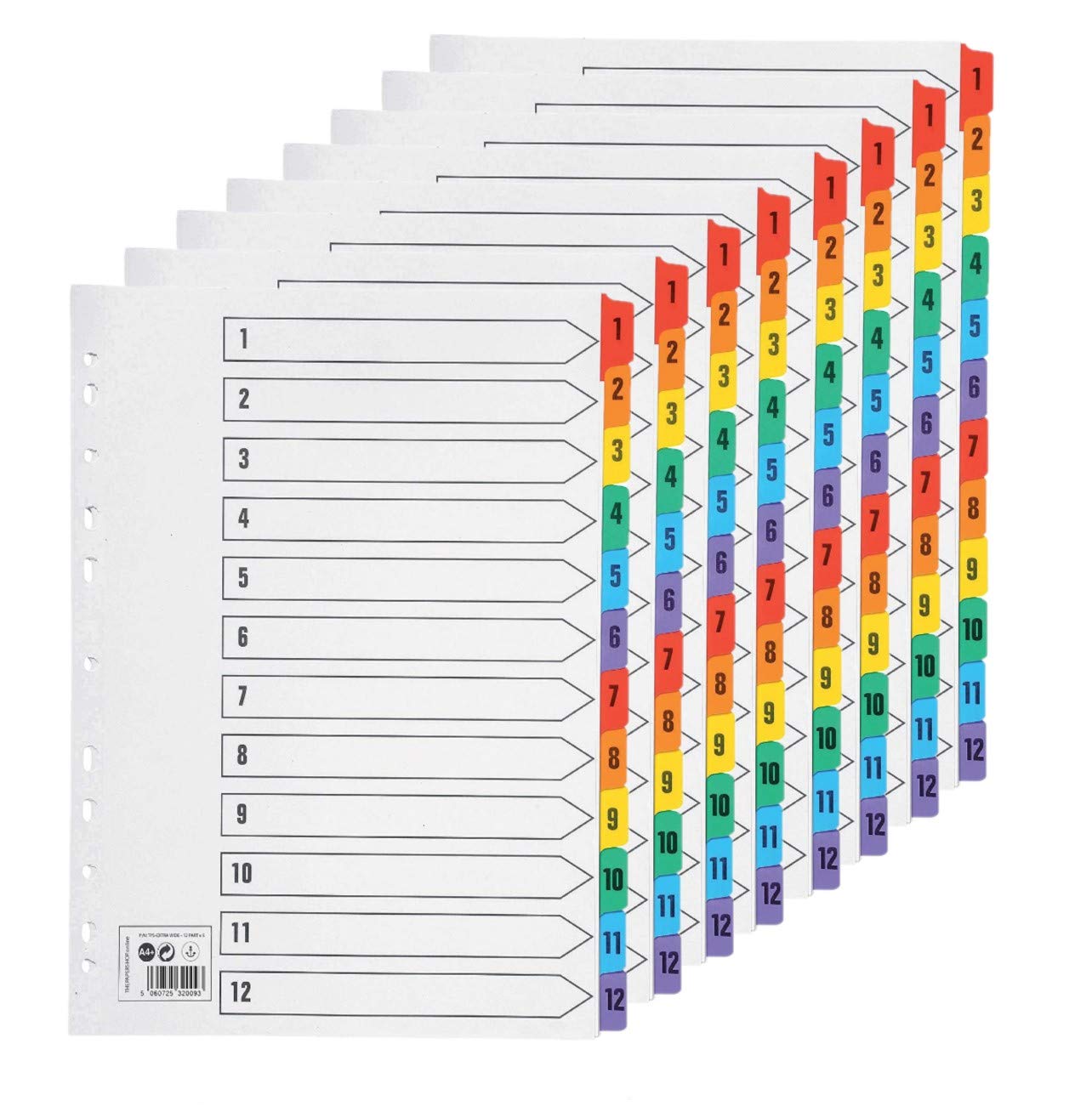 KAHEIGN 10Pcs A4 File Dividers, 1-12 Part Numbered A4 Subject Dividers with 11 Hole Punched Reinforced Colour Tabs for Home Office