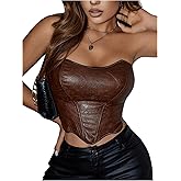 BEAUDRM Women's Y2K Lace Up Tube Crop Top PU Leather Vintage Bandeau Tops Backless Floral Texture Sexy Corset Shapewear