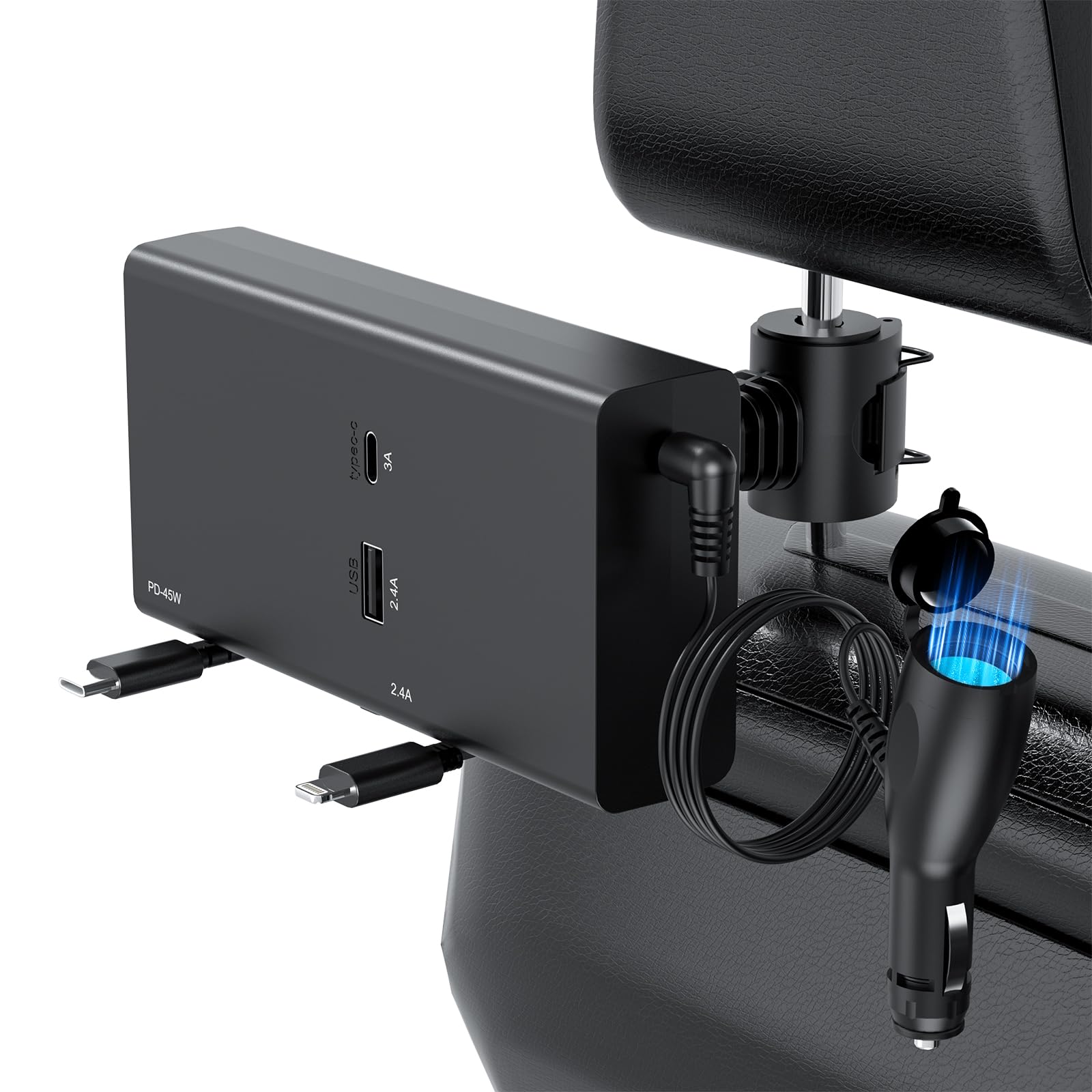 Photo 1 of Multi Car Retractable Backseat Car Charger 5 in 1 Car Charging Station Box for iPhone/Samsung, 60W Cigarette Lighter Adapter Uber Taxi Lyft Turo Share Ride Customer Charging Dock Attach to Headrest