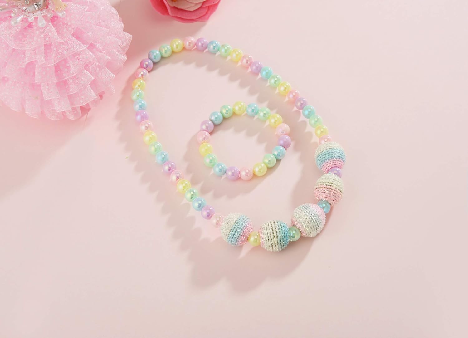 PinkSheep Kids Beaded Necklace and Bracelet 3 Sets, Wool Bead Bling Beads, Little Girls Jewelry: Toys & Games