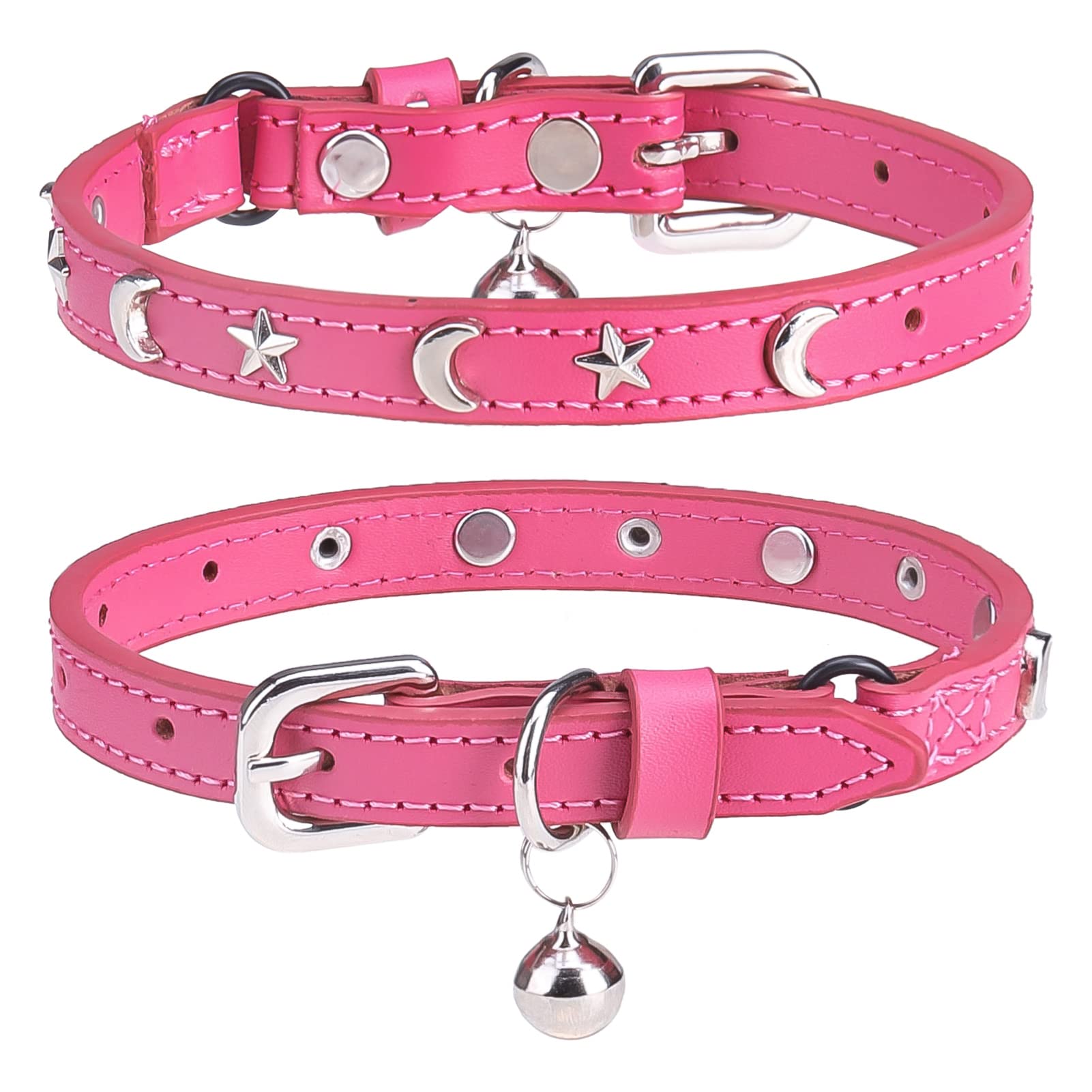 Leather Cat Collars for Boy Girl Cats with Bell and Safety Elastic Belt, Personalized Star and Moon Stud Adjustable Safe Buckle Collar for Kitty Small Big Cats Size 8-12 Inch, Rose — image 1