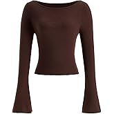 winkbay Women's Bell Sleeve Sweater Elegant Boat Neck Ribbed Knit Going Out Pullover Tops
