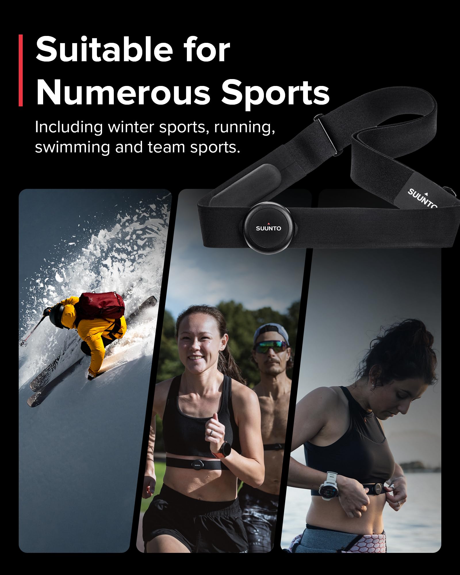 SUUNTO Smart Heart Rate Belt, Accurate Bluetooth Heart Rate Measurement Sensor, Multiple sports Comfortable fit for Running & Swimming, 500H Long Battery Life with Internal Memory, Waterproof, Black